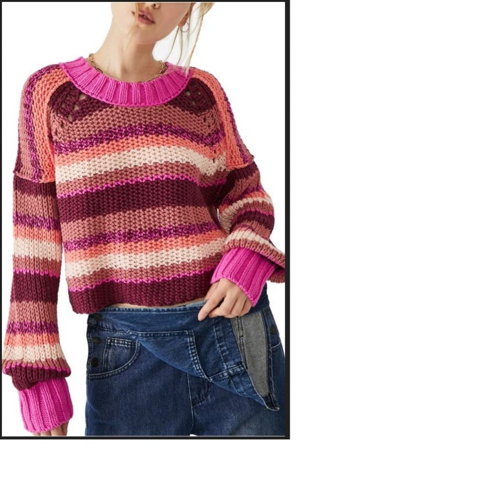 Free People Devon Sweater, Fuchsia, Striped Relaxed